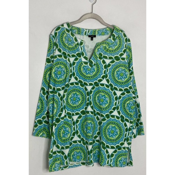 TALBOTS Women's Blue Green Print Terry Cloth Top Shirt Cover Up Tunic Size 1XP - Picture 2 of 5